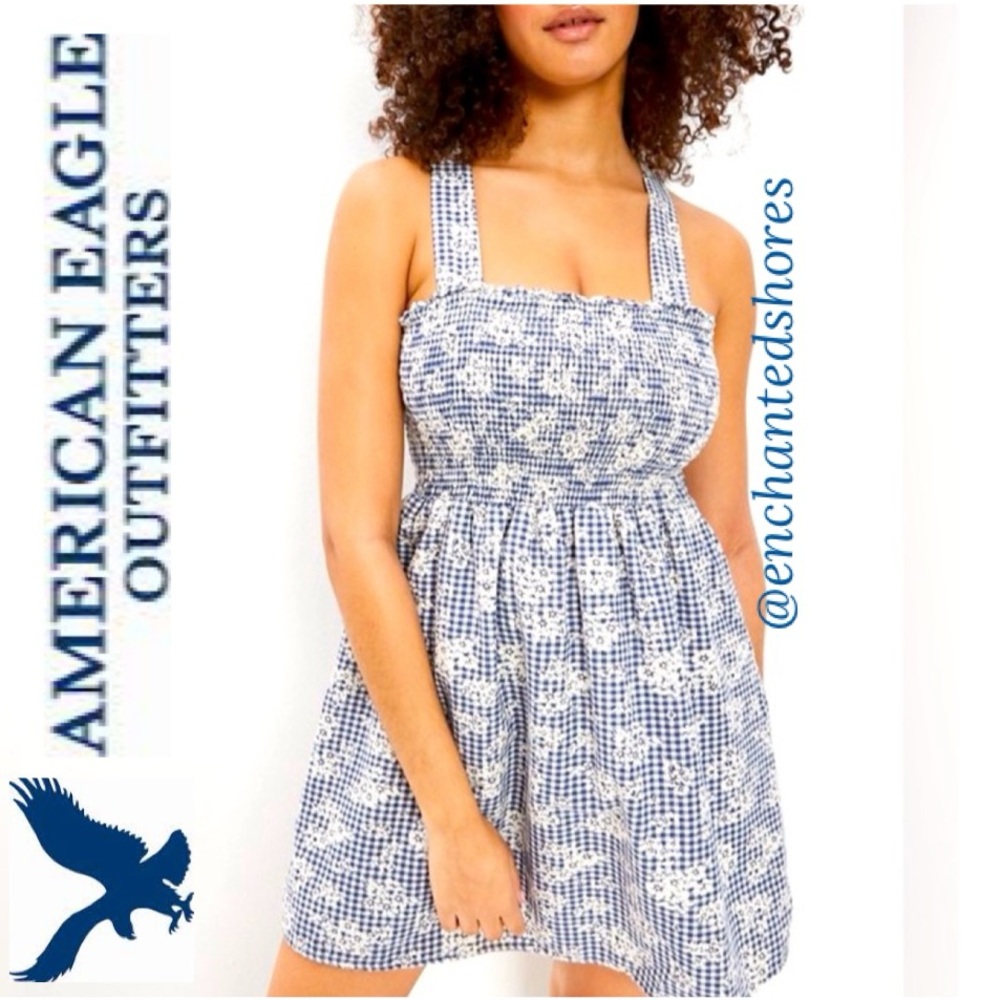 Floral Babydoll Dress Smocked Mini Gingham Criss Cross Summer American Eagle XL